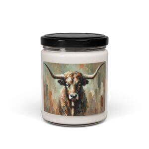 Candle jar with longhorn bull painting label.