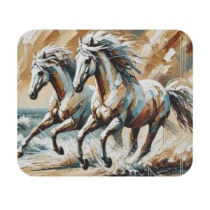 Two horses running through water, abstract painting.