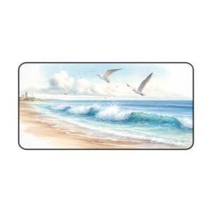 Seagulls flying over a serene beach scene.
