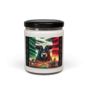Italian-themed candle with bull and cityscape.