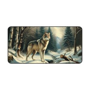 Wolf standing in snowy forest landscape.