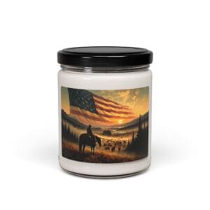 Candle jar with cowboy and flag artwork.