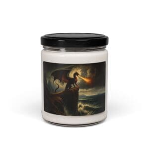 Dragon candle jar with fire-breathing illustration.
