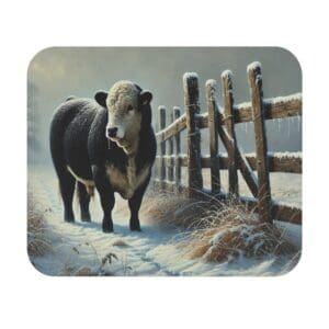 Bull standing by snowy wooden fence.