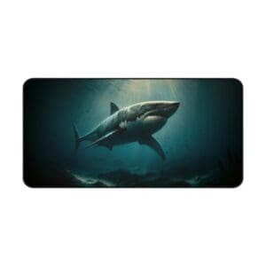 Great white shark swimming in deep ocean.