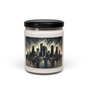 Candle with abstract cityscape design label.