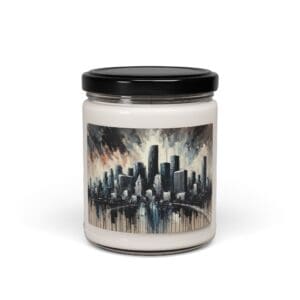 Candle jar with cityscape artwork label.