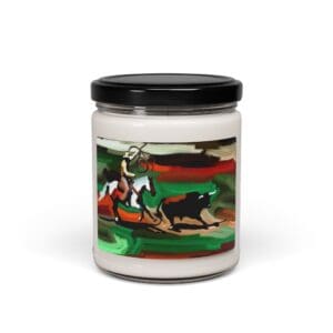 Candle jar with abstract horse and bull.