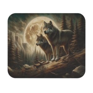 Two wolves under a full moon.