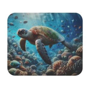 Sea turtle swimming among colorful coral reefs.