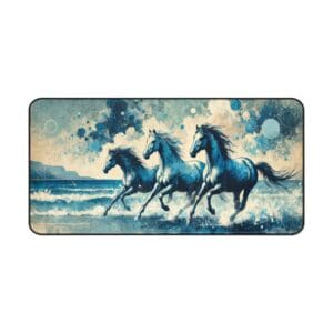 Three horses running through ocean waves.