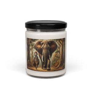 Candle jar with elephant and person design.