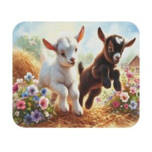 Two playful goats in a flowery field.