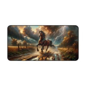 Horse galloping on muddy road during storm.