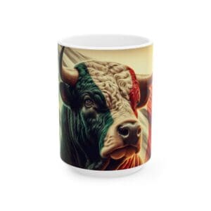 Bull mug with Mexican flag colors design.