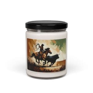 Candle jar with cowboy and bull illustration.