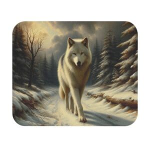 Wolf walking through snowy forest path.