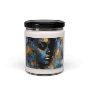 Candle jar with abstract colorful face design.