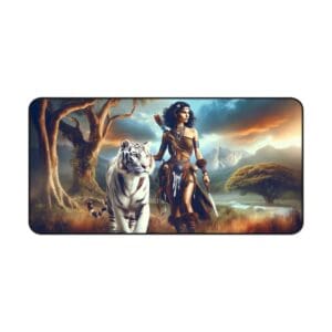 Woman walking with white tiger in forest.