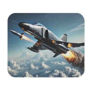 Jet flying above clouds with missiles.
