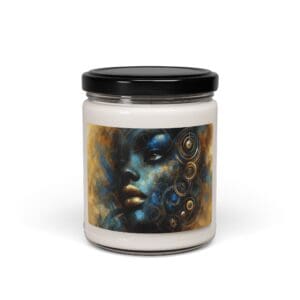Decorative candle with abstract face design.