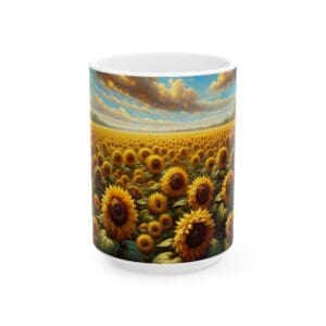 Mug with sunflower field design.
