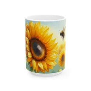 Sunflowers and bee on white ceramic mug.