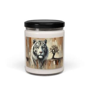Candle jar with tiger and tree design.