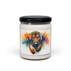 Candle jar with colorful tiger illustration.