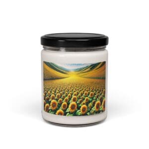 Candle jar with sunflower field design.