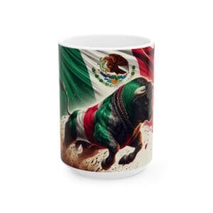 Bull and Mexican flag design on mug.