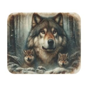 Wolf family in a snowy forest scene.