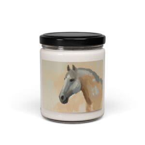 Candle jar with horse painting label.