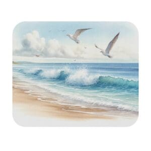 Seagulls flying over a serene beach scene.