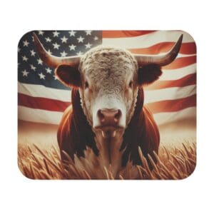 Bull with American flag background.