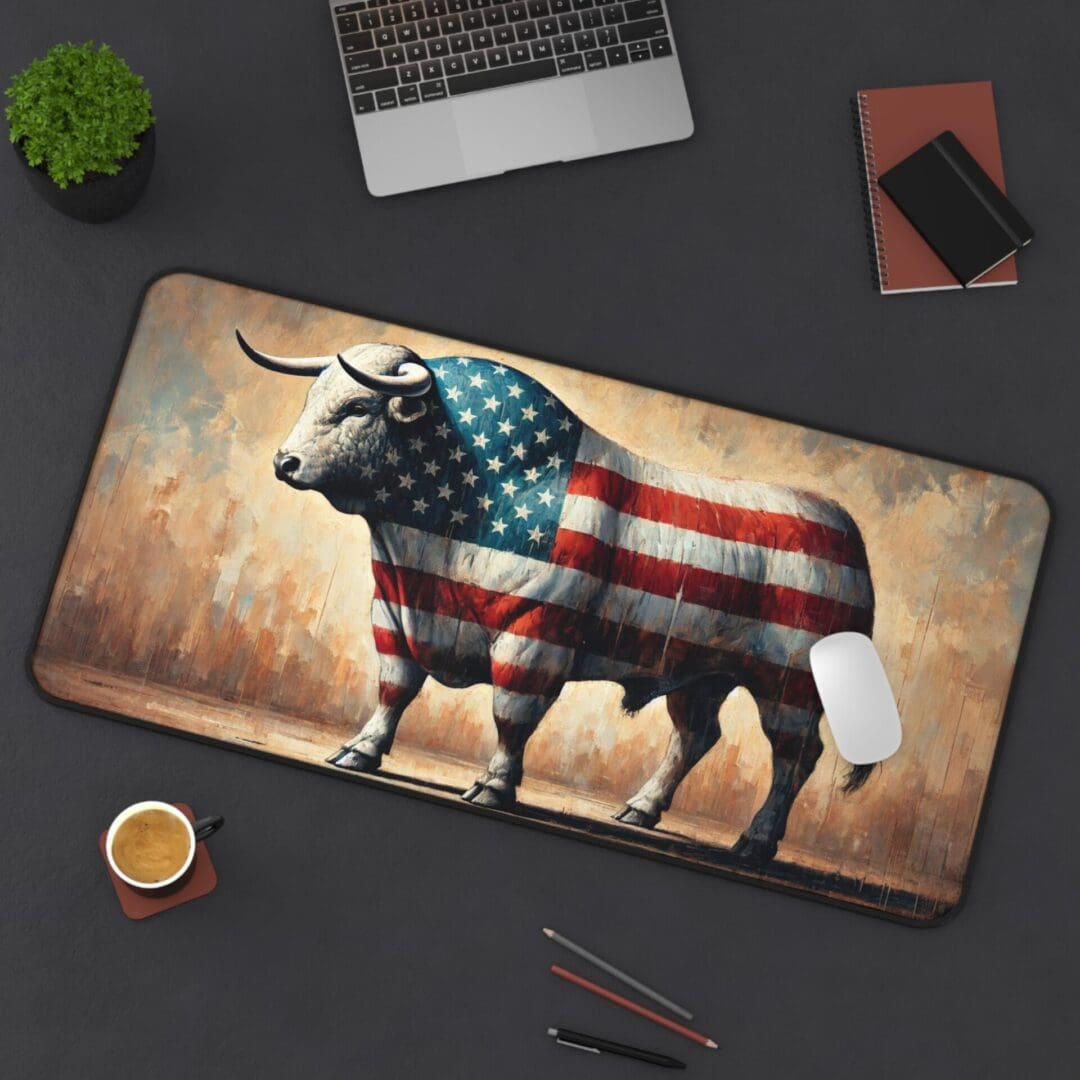 Bull with American flag design on mat.