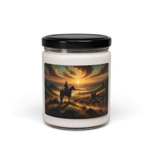 Candle jar with cowboy sunset illustration.