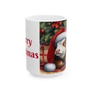Christmas mug with cow in Santa hat.
