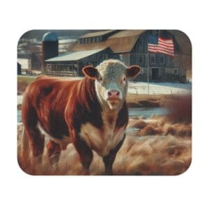 Cow standing in front of barn, flag.