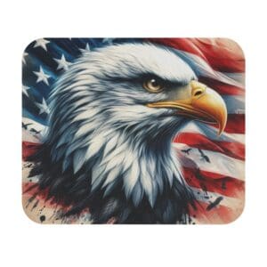 Bald eagle with American flag background.