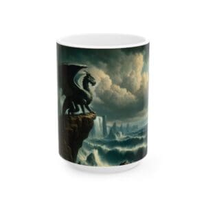 Dragon on cliff overlooking stormy sea.