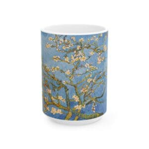 Mug with floral branch design, blue background.