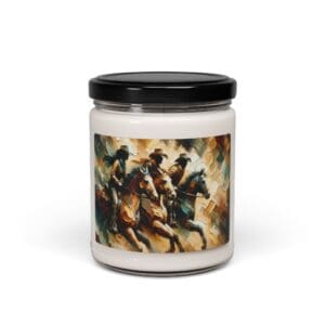 Candle jar featuring cowboy horse riding artwork.