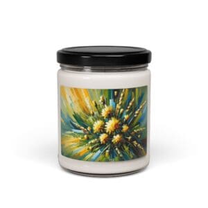 Candle with abstract floral design label.