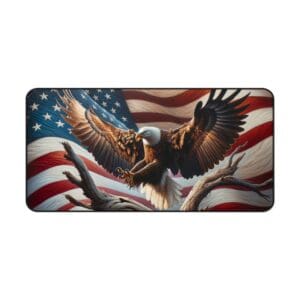 Eagle soaring with American flag background.