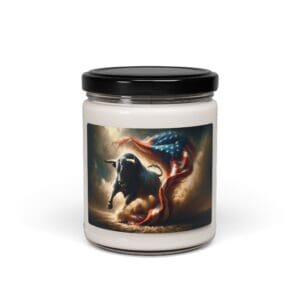 Candle jar featuring a bull and flag.