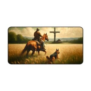 Rider and dog approaching large wooden cross.