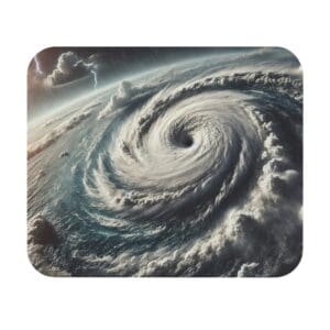 Massive hurricane swirling over ocean waters.