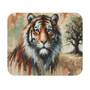 Abstract painting of a tiger and tree.