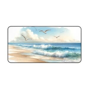 Seagulls flying over a serene beach scene.